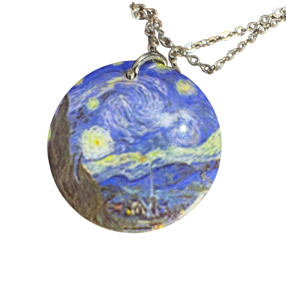 Van Gogh Starry Night Round Pendant Necklace Silver-Tone Chain